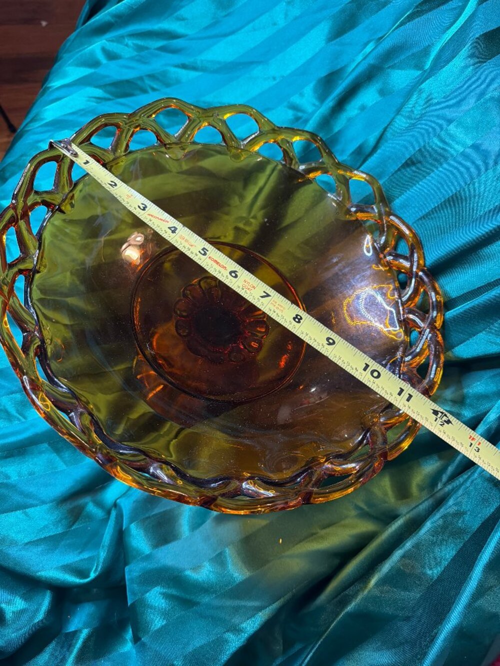 Vintage Amber Glass Pedestal Bowl with Open Lace Edge